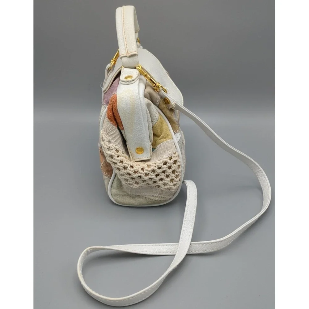 Vtg 80s White Pastel Patchwork Purse Leather Crochet‎ Shoulder Handbag Crossbody